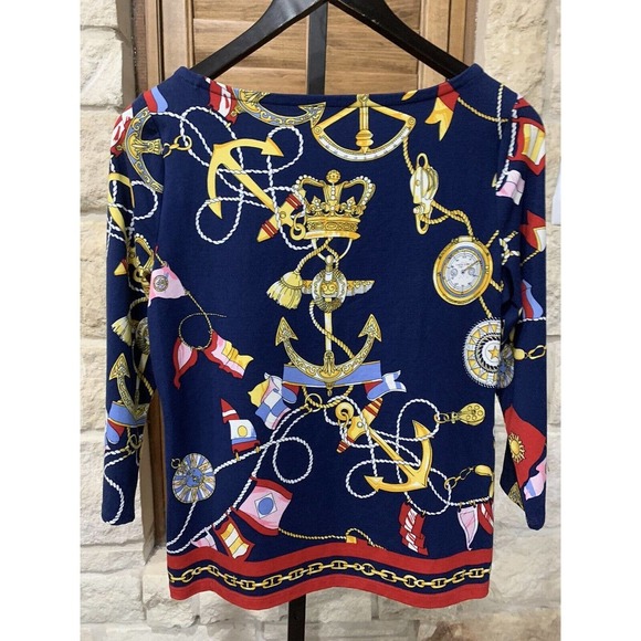 Talbots Women’s Nautical Print Bateau Neck 3/4 Sleeve Top Navy Size Petite Small - Picture 5 of 6